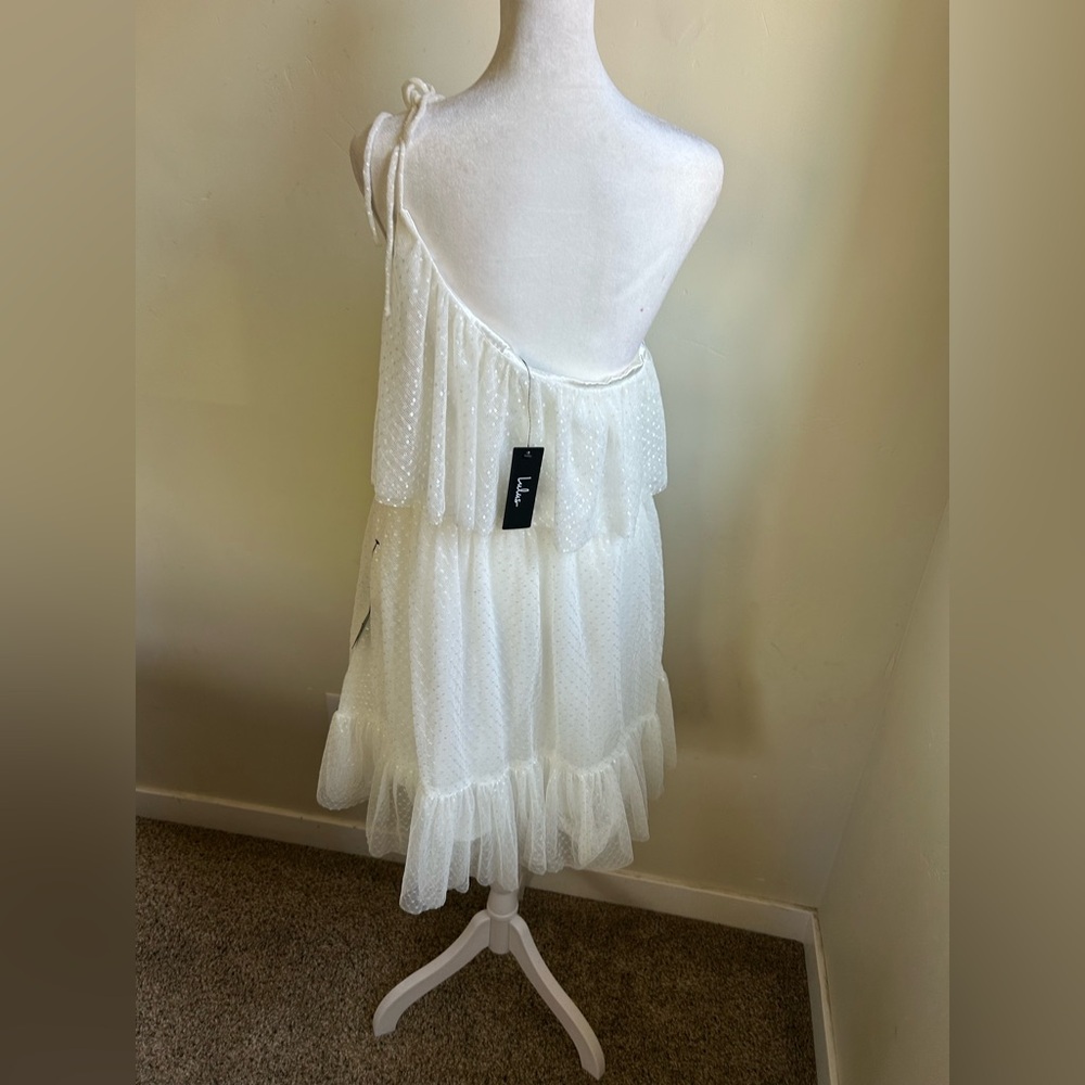 ▶️ Lulus White One Shoulder Ruffle Dress Womens L Mini Bridal Shower Party NWT - Picture 6 of 10